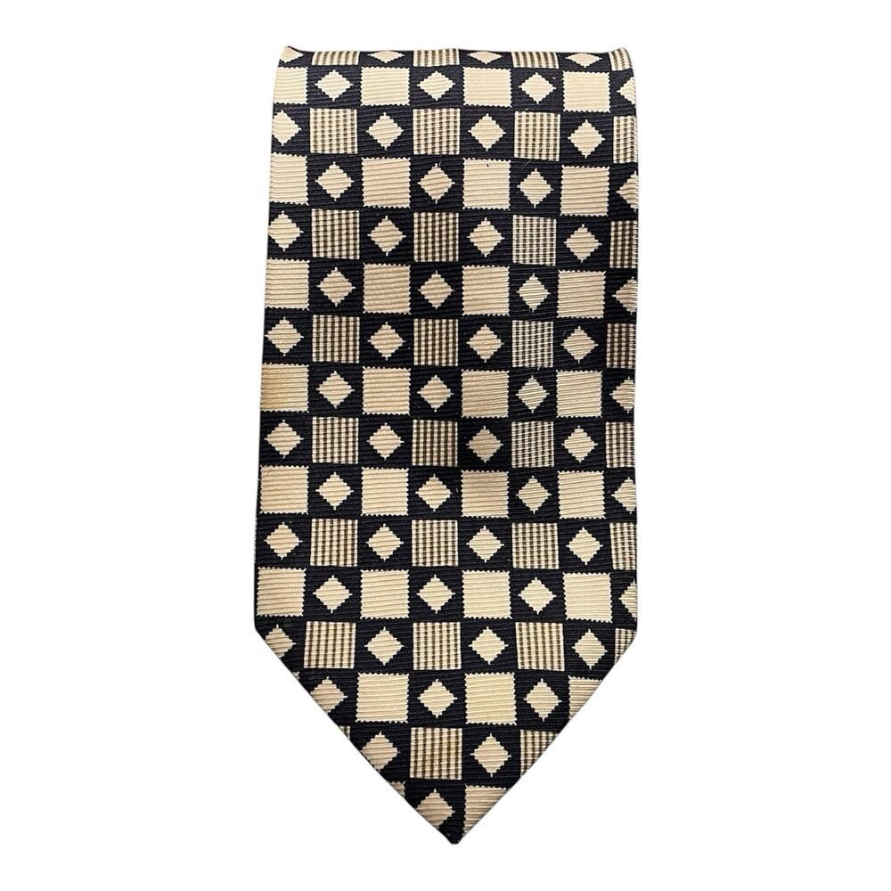 Valentine Cravatte Tie Mens 57" Black Taupe 100% Silk Designer Geometric Preppy